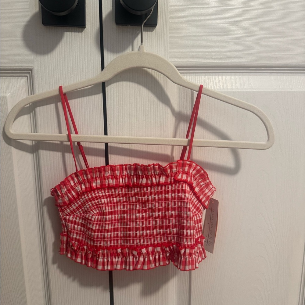 Colsie Red Plaid Ruffled Bandeau Crop Top